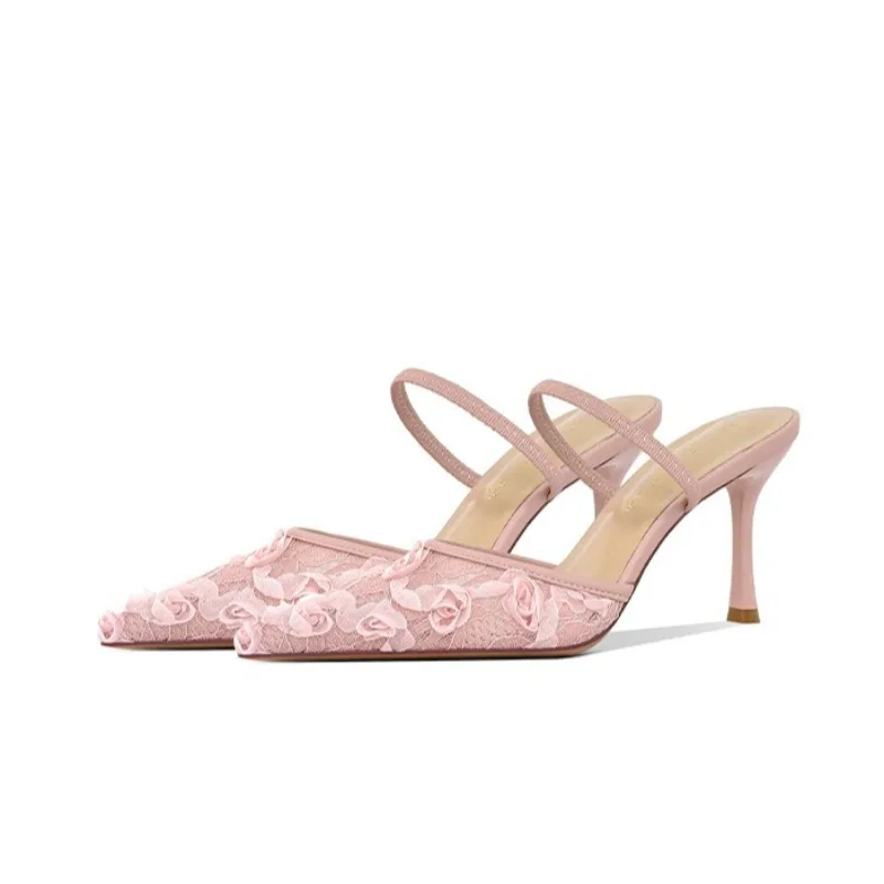 

Женские розовые босоножки-мюли с острым носком на тонком каблуке, новые сетчатые летние шлепанцы для женщин на выход