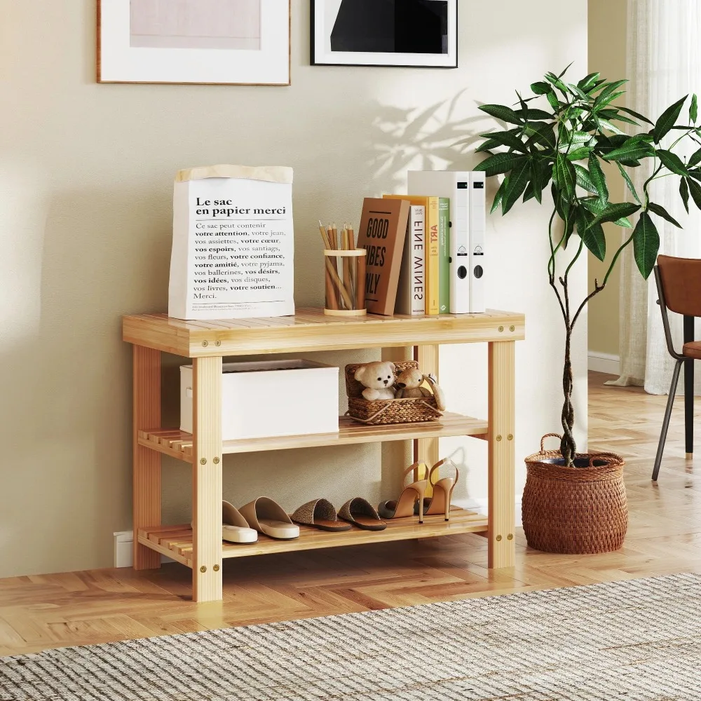 

3-Tier Bamboo Shoe Rack Bench, 11.3 x 27.6 x 17.8 Inches Compact Storage Organizer with 286lb Capacity for Entryway