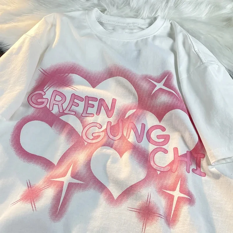 المرأة التي شيرت الحب إلكتروني الطباعة الحلو ولطيف بلوزة فضفاضة عادية تي شيرت قصير بارك الشرير قطعة علوية Y2K المرأة Harajuku س الرقبة