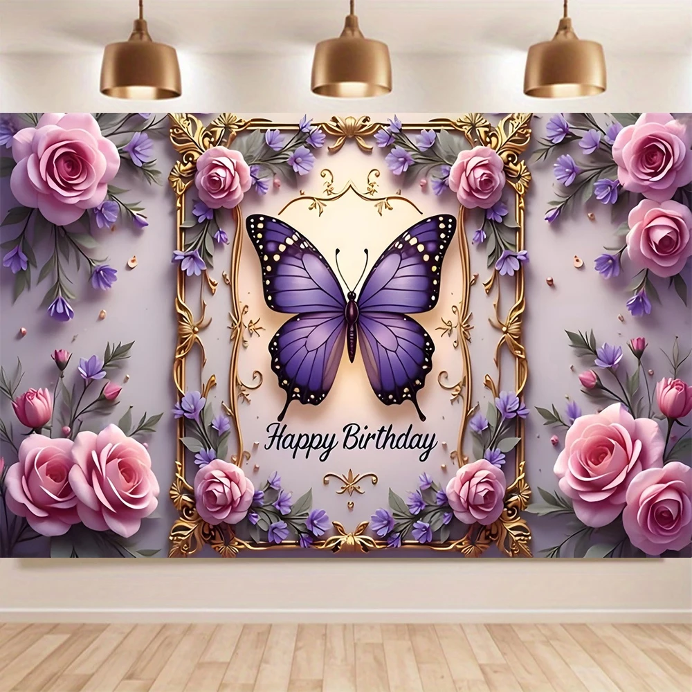 

2D плоская 1 шт. фиолетовая бабочка "С Днем Рождения" фоновое украшение баннера, логотип «С Днем Рождения», товары для украшения дня рождения,