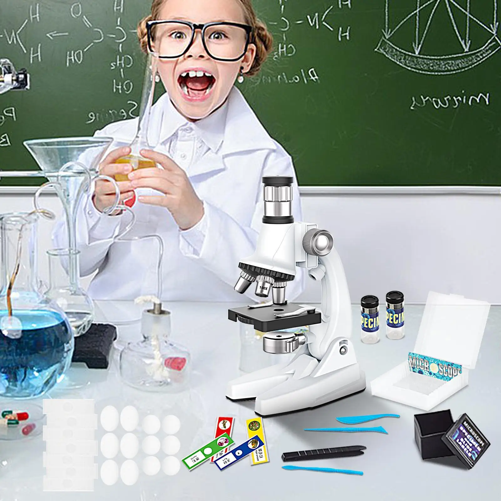 초보자 현미경 세트 100X-1200X 학습 어린이 현미경 과학 장난감 가정 실험실 교실 소년 소녀 학생용