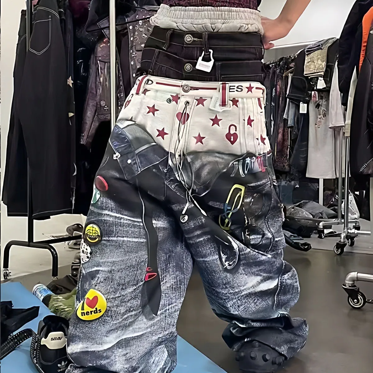 

American Original Design 3D Printing Knife Jeans Women Low Waist Slim Wide Leg Denim Pants Street Sle Straight Cut