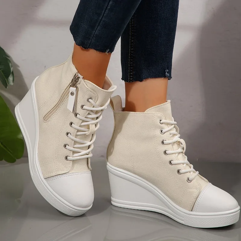 

Black High Top Canvas Sneakers Shoes for Women Classic Platform Wedge Heel Casual Shoes Woman Fashion Zipper Lace Up Ankle Boots