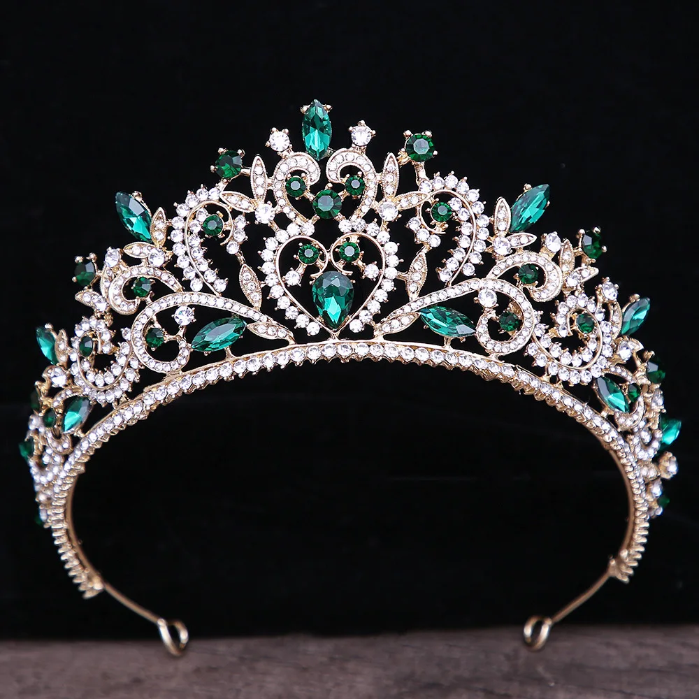 Luxury Green Color Crystal Wedding Crown Bridal Hair Accessories Women Baroque Crown Rhinestones Tiaras Bride Queen Party Crowns