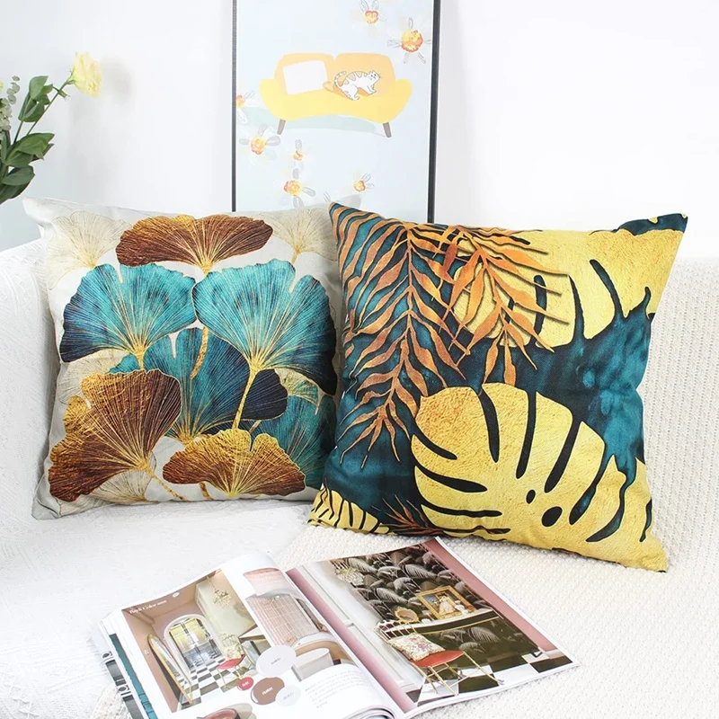 Square Throw Pillow Covers Pack Of 4 Green And Gold Leaves Cushion Covers Linen Sofa Cushions 45Cm X 45Cm