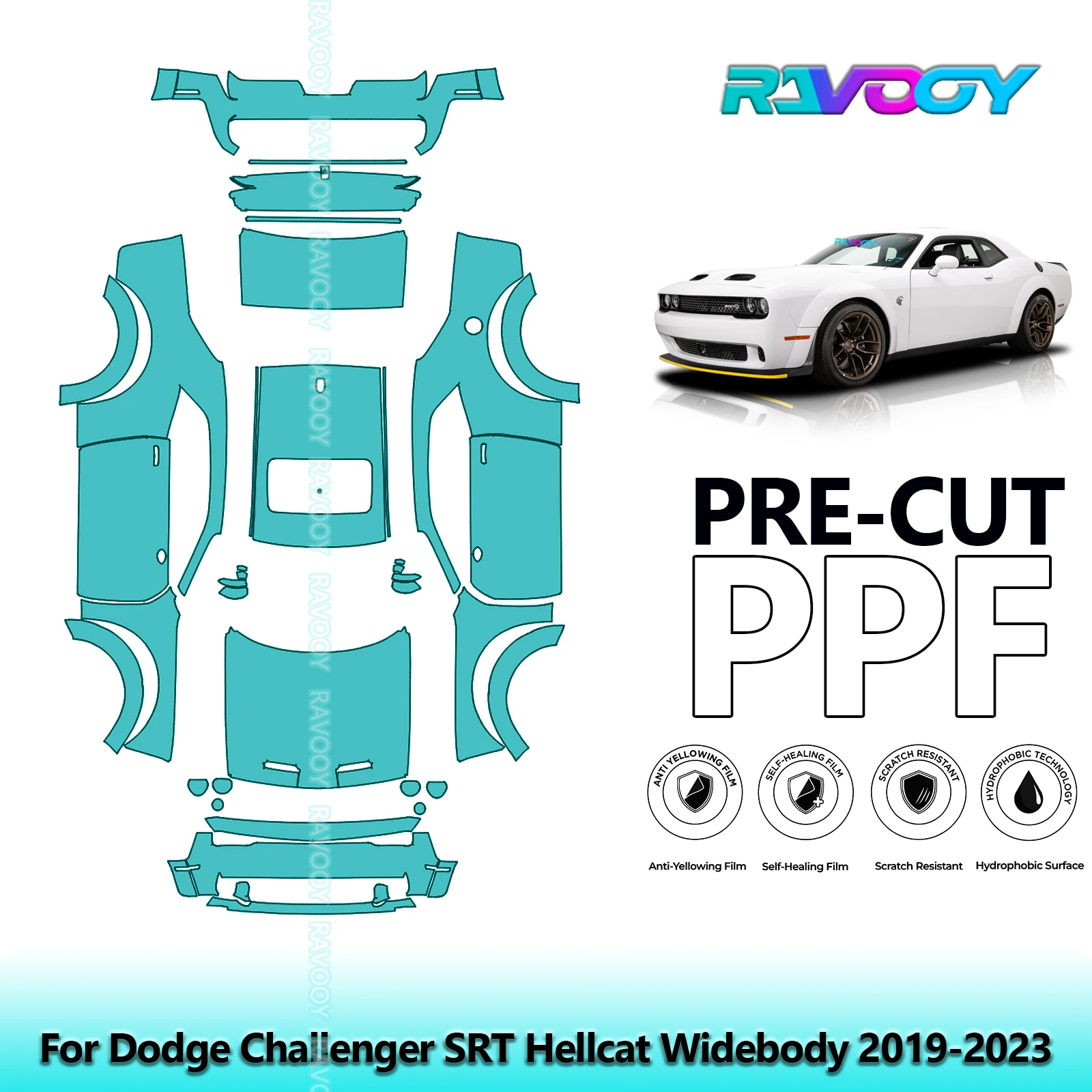 RAVOOY 8.5Mil Custom-Fit Precut TPU PPF Full Vehicle Clear Bra Stone Guard For Dodge Challenger SRT Hellcat Widebody 2019-2023