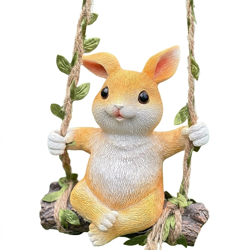 Resin Bunny Swing Statue Weatherproof Outdoor Garden Hanging Ornament Sunlight Resistant Animal Figurine for Patio Balcony Yard