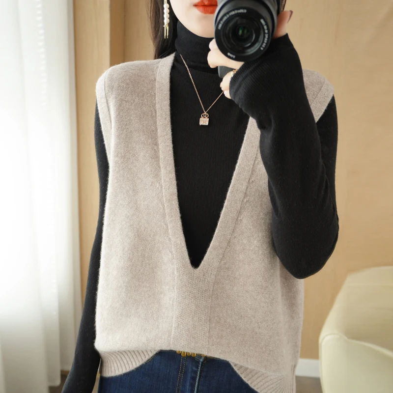 

Autumn Winter Fashion Vest Ladies Knitted Cashmere Sweater Women Sleeveless V-Neck Pullover Korean Female Vest Loose New Tops