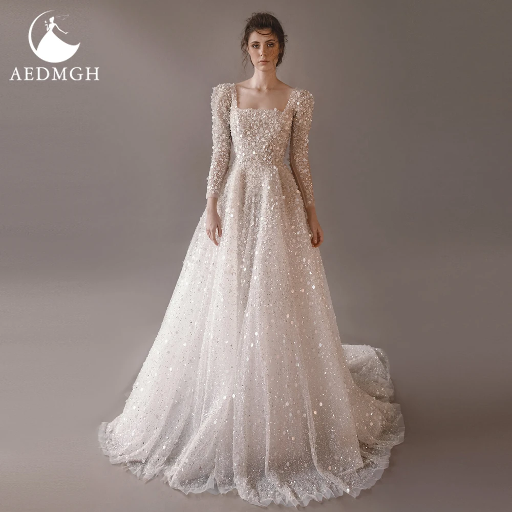 Aedmgh A-Line Luxury Wedding Dresses 2024 Boat Neck Long Sleeve Vestido De Novia Lace Sequined Glitter Charming Robe De Mariee