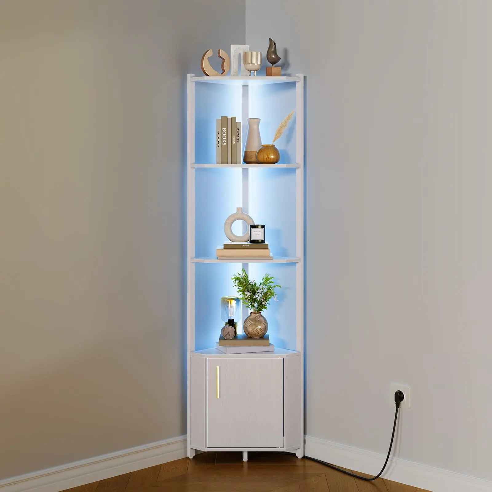 Modern 5-Tier Corner Shelf Stand with LED Light 57'' Tall Metal Frame Wooden Bookcase Display Rack Space-Saving Storage Organizer Plant Stand Furniture for Living Room Bedroom Kitchen Bathroom Entryway