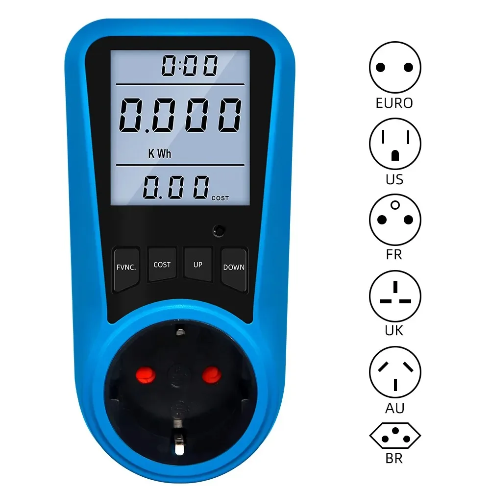 EU-stopcontact Digitale stroommeter Voltmeter Wisselstroommeter Tijd Watt Power Energy Tester Wattmeter US UK AU FR BR IT-stekker