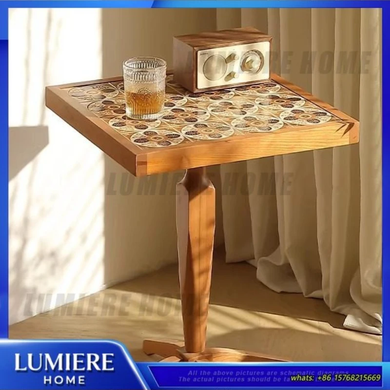 

Круглый журнальный столик, маленький приставной столик для гостиной, спальни, балкона, в французском стиле, с деревянной столешницей из вишни, винтажный дизайн с плиткой, портативный