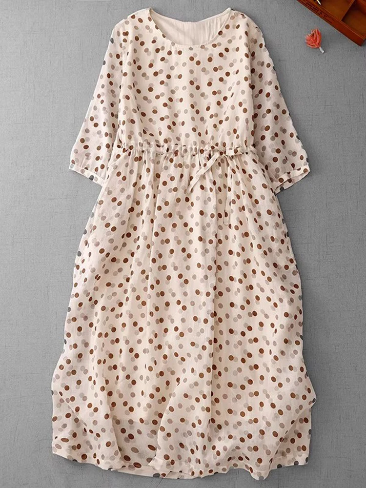 

Vintage Literary Polka Dot Women Dresses 2025 New Summer Elegant Fashion O-Neck Half Sleeve Casual Loose Women Midi Dress