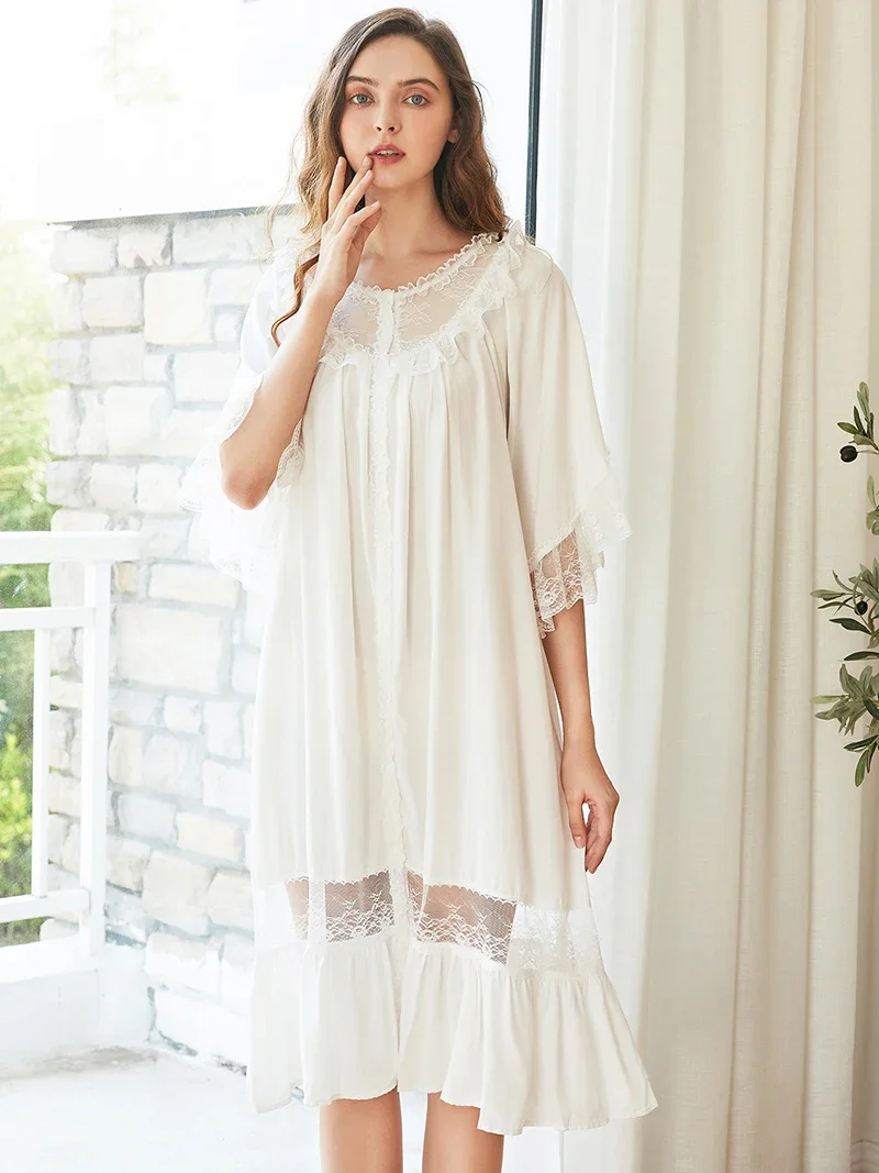 Medium Sleeve Vintage Nightgowns Lace Fairy Sexy Loose Pajamas for Women Princess Sleepwear Victorian Lolita Loungewear Clothes