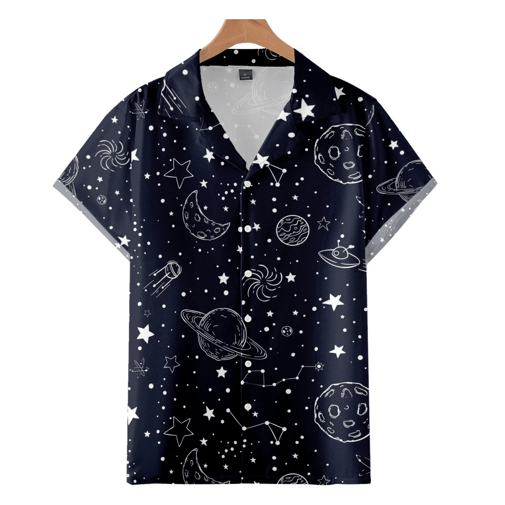 

Men's Fashion Cuban Hawaiian Moon Star Pattern Panels Shirt 3D Print Cozy Casual Short Sleeve Beach Oversized Clothes 3