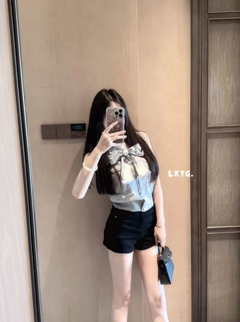 

Elegant Summer New Style Knot Sleeveless Knitted Sweater Women's Design Sense Vest Top Soft Double Knit Loose Fit