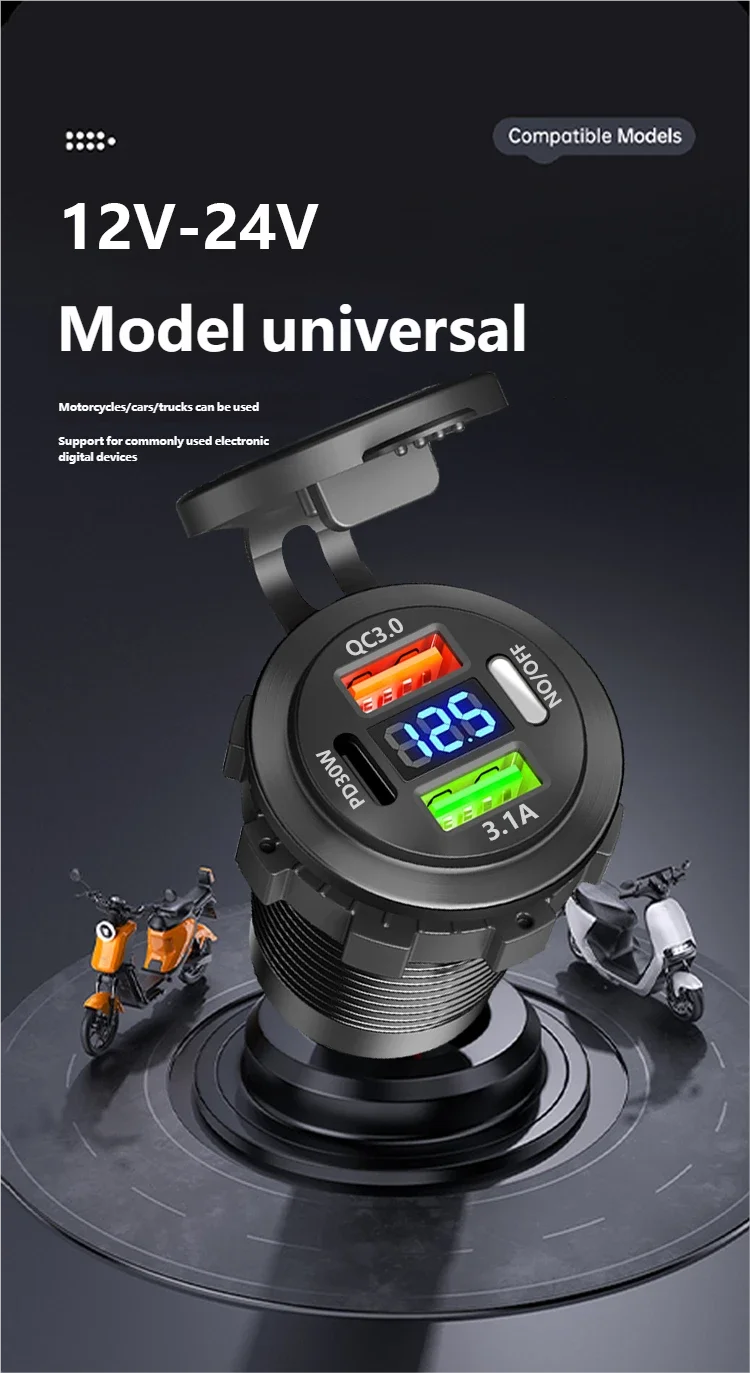 Neue Auto USB Ladegerät PD 3,0 & QC 3,0 Schnelle Lade Buchse mit Voltmeter Ein/Aus Schalter 12/24 V für Motorrad Boot Auto Zubehör – Detail 5