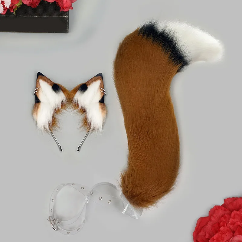 2Pcs/set Fox Ears Headwear Furry Animal Wolf Tail Jackal Ears Headband Cat Tail Anime Cosplay Halloween Costume Accessories