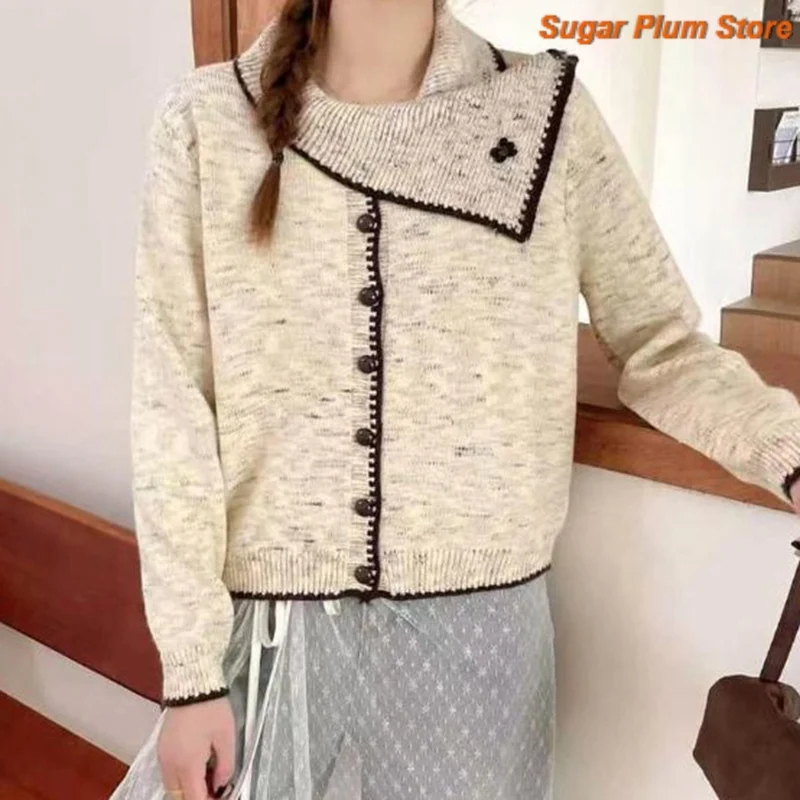 Japanese Simple Small Fragrance Contrast Scarf Collar Sweater Cardigan Women's Autumn and Winter Loose Casual Short Knitted Coat