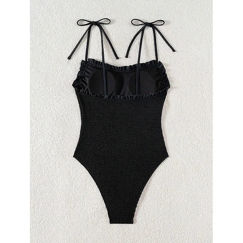 2026 New Solid Color Tie Front One Piece Swimsuit Women Tummy Control Beach Bikini