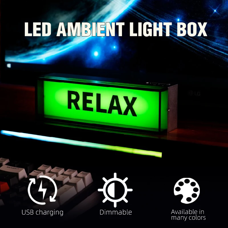Custom LED Ambient Light Box, USB-C Charging, 3 Brightness Levels, for Gaming Setup, Office, Bedroom, Ideal Gift & Night Ligh