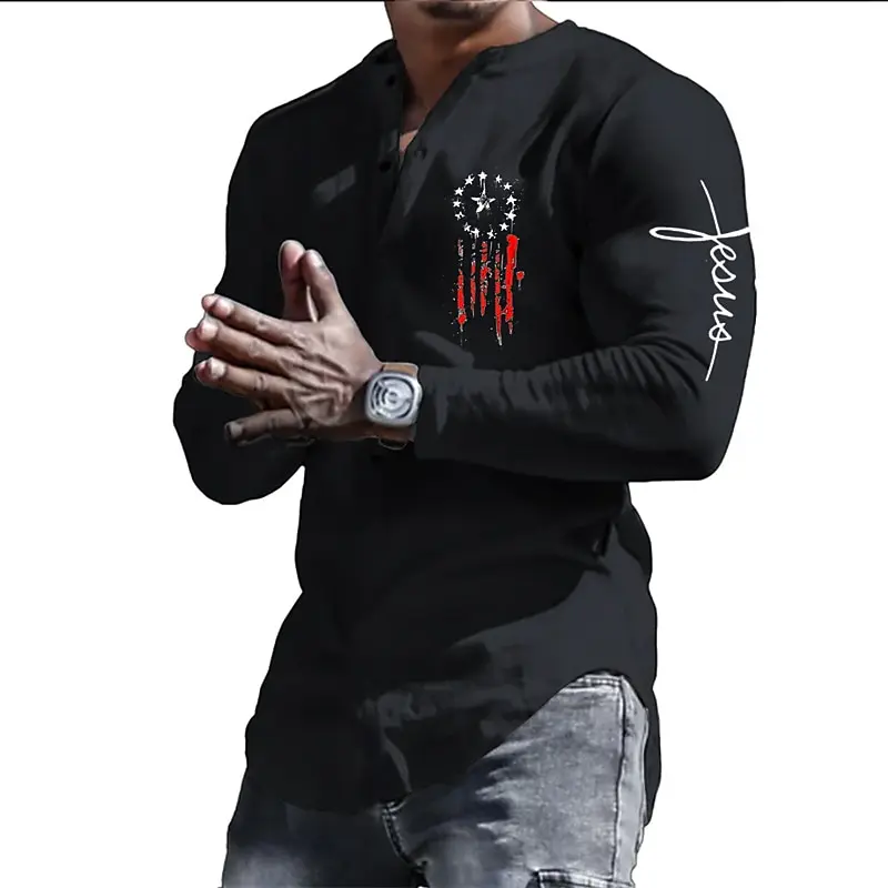 Print Star Long Sleeve T Shirt For Men Y2K Spring Fall Casual Mens T-Shirts High Quality Male Tops Classic Clothes Men'S Tees