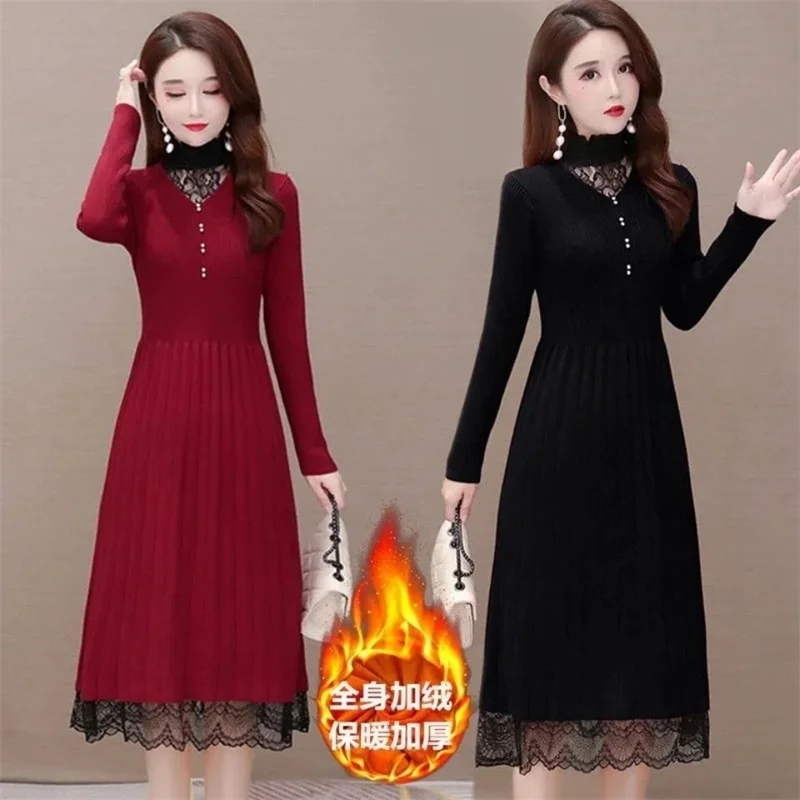 

Women's Lace Knitted Dress Autumn Winter New Long Sleeve Add Velvet Dress Female Elegant Sweate A-line Long Veatidos