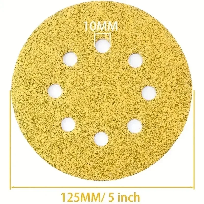 Imagem -02 - Alumínio Óxido Lixar Discos Gancho e Laço Lixa para Polimento Aleatória Orbital Lixadeira Furos 125 mm 10 Pcs Amarelo