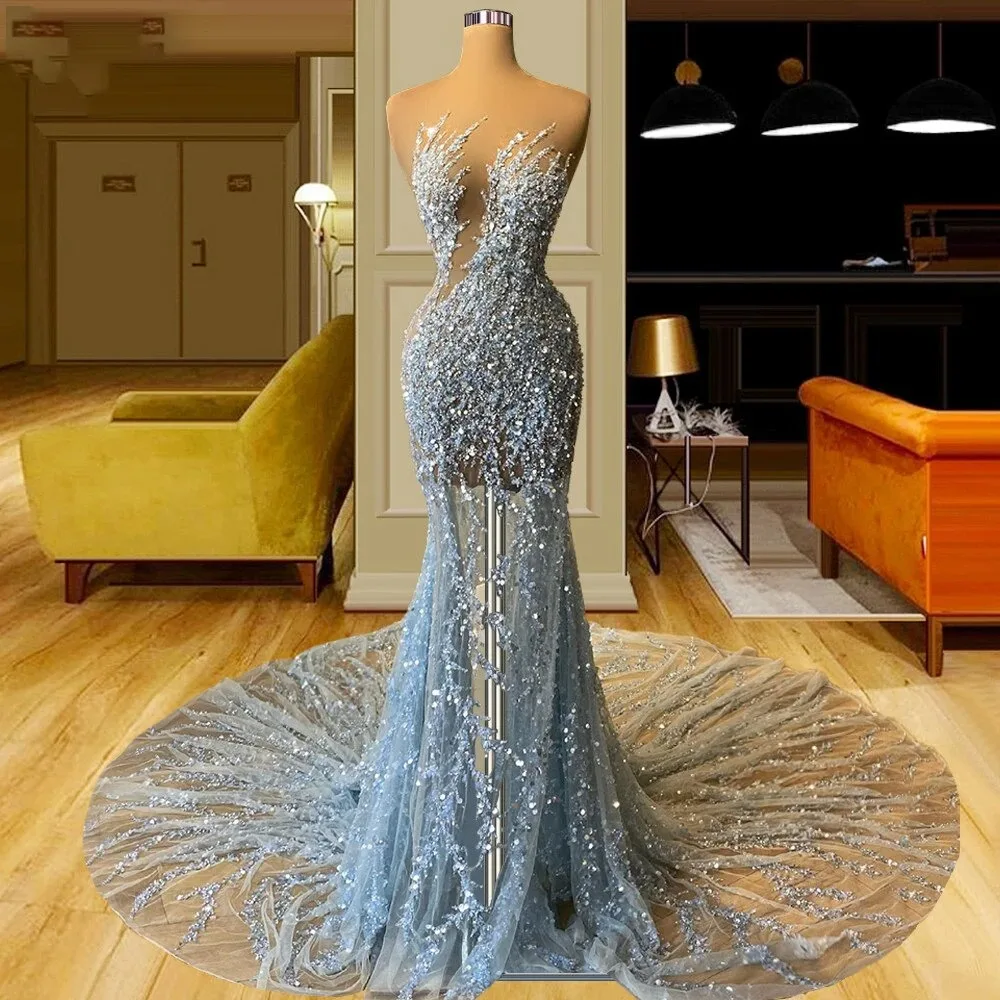 

Sexy Illusion Evening Dresses Long Luxury Sparkly Beaded Woman Prom Party Special Occasions Gowns Robe De Mariée Customized