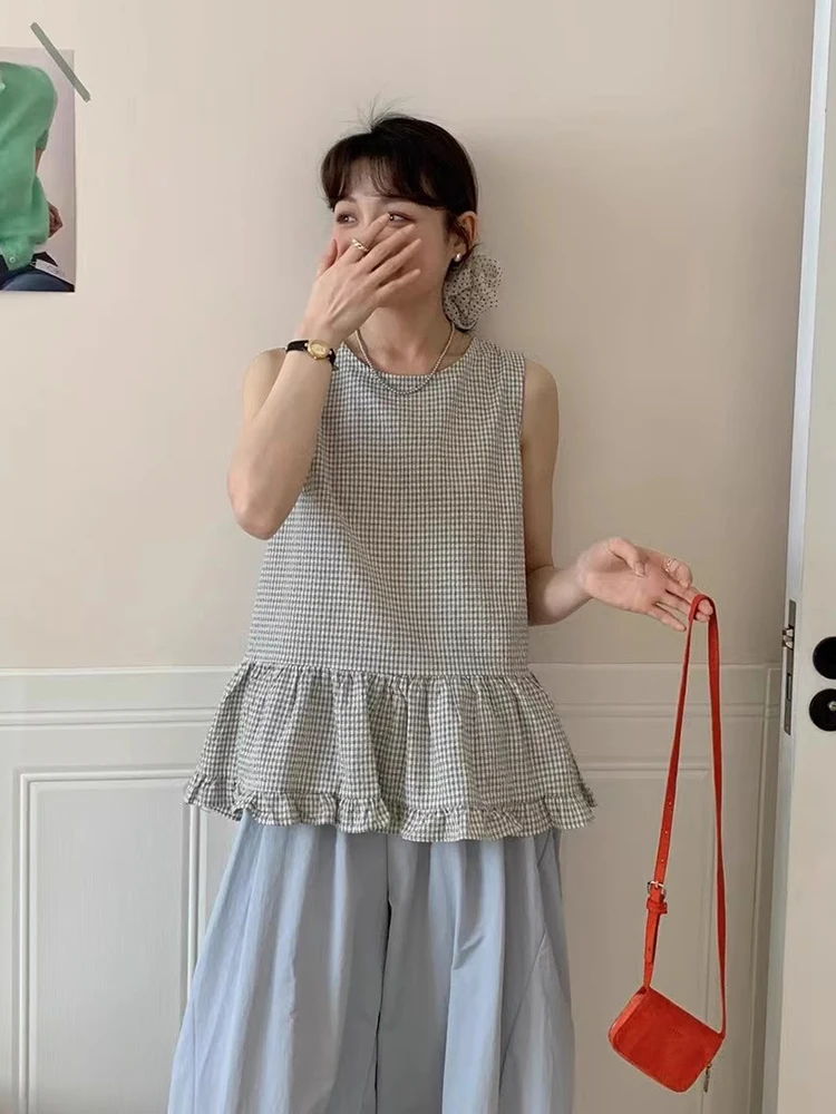 

Vintage Plaid Bal Single Button Svel Vest Women's Summer New Sle Agel irt Upper Body Casual Loose Fit