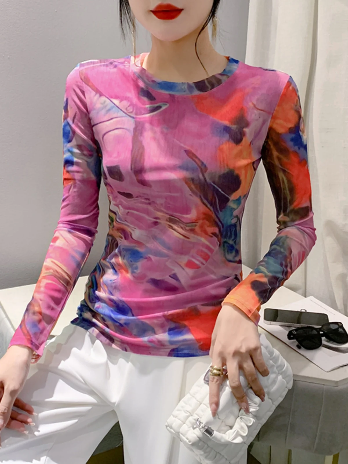 S-3XL Stretchy Mesh Tee TShirt Women O-Neck Full Sleeve Printing T-shirts Female Elegant High Stretch Slim Top