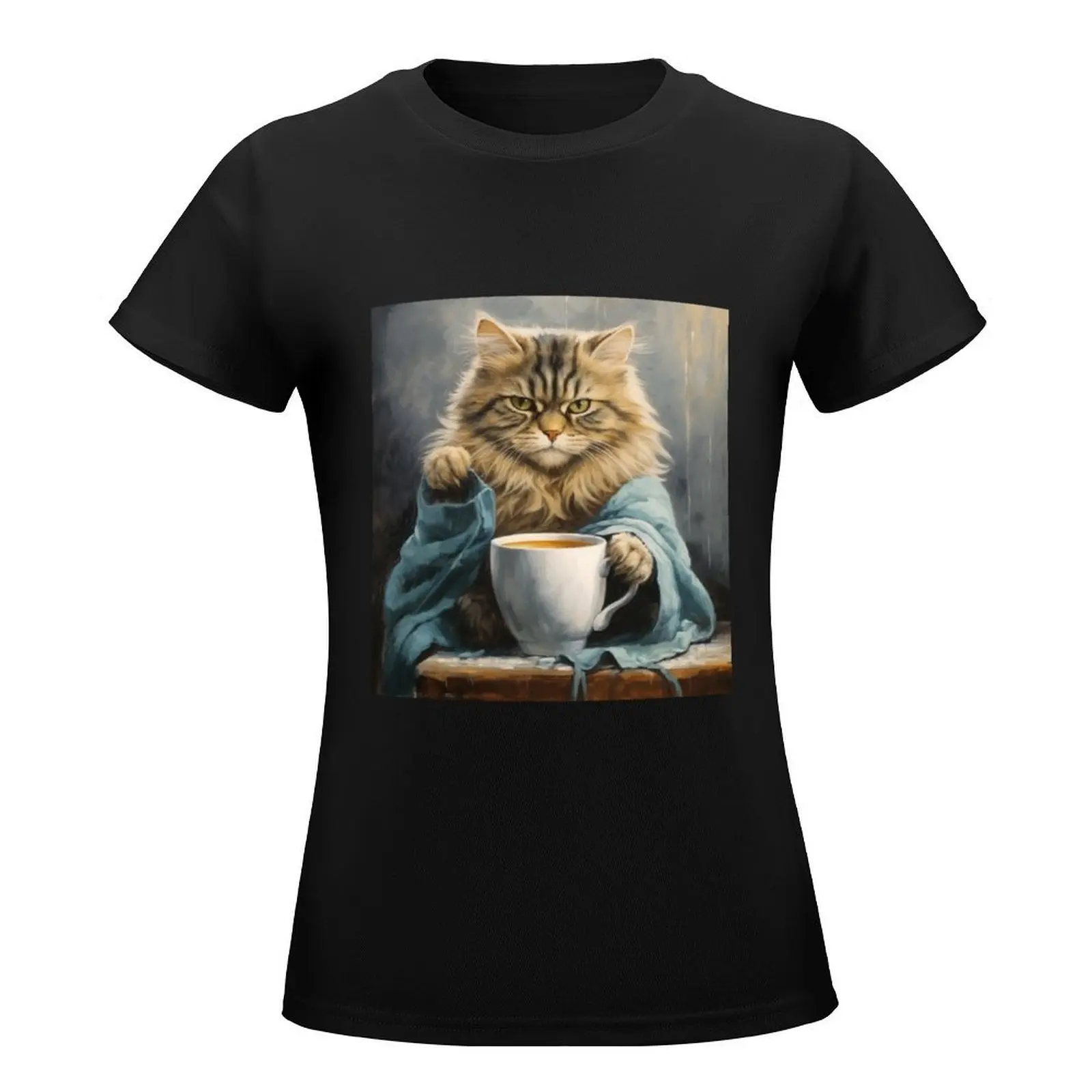 Coffee Drinking Cat T-Shirt tees heavyweights Women's cotton t-shirt