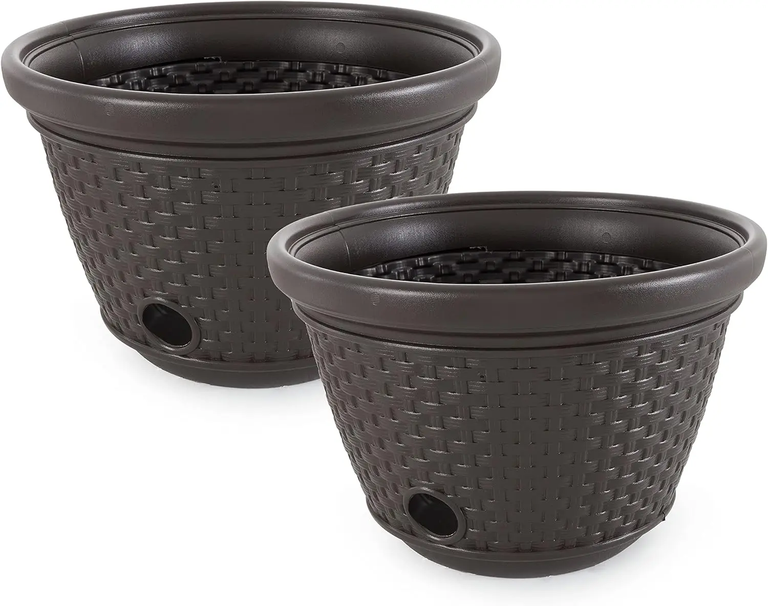 2 heavy-duty plastic wicker decorated garden water storage tanks with drainage holes, suitable for 100 foot long water pipes