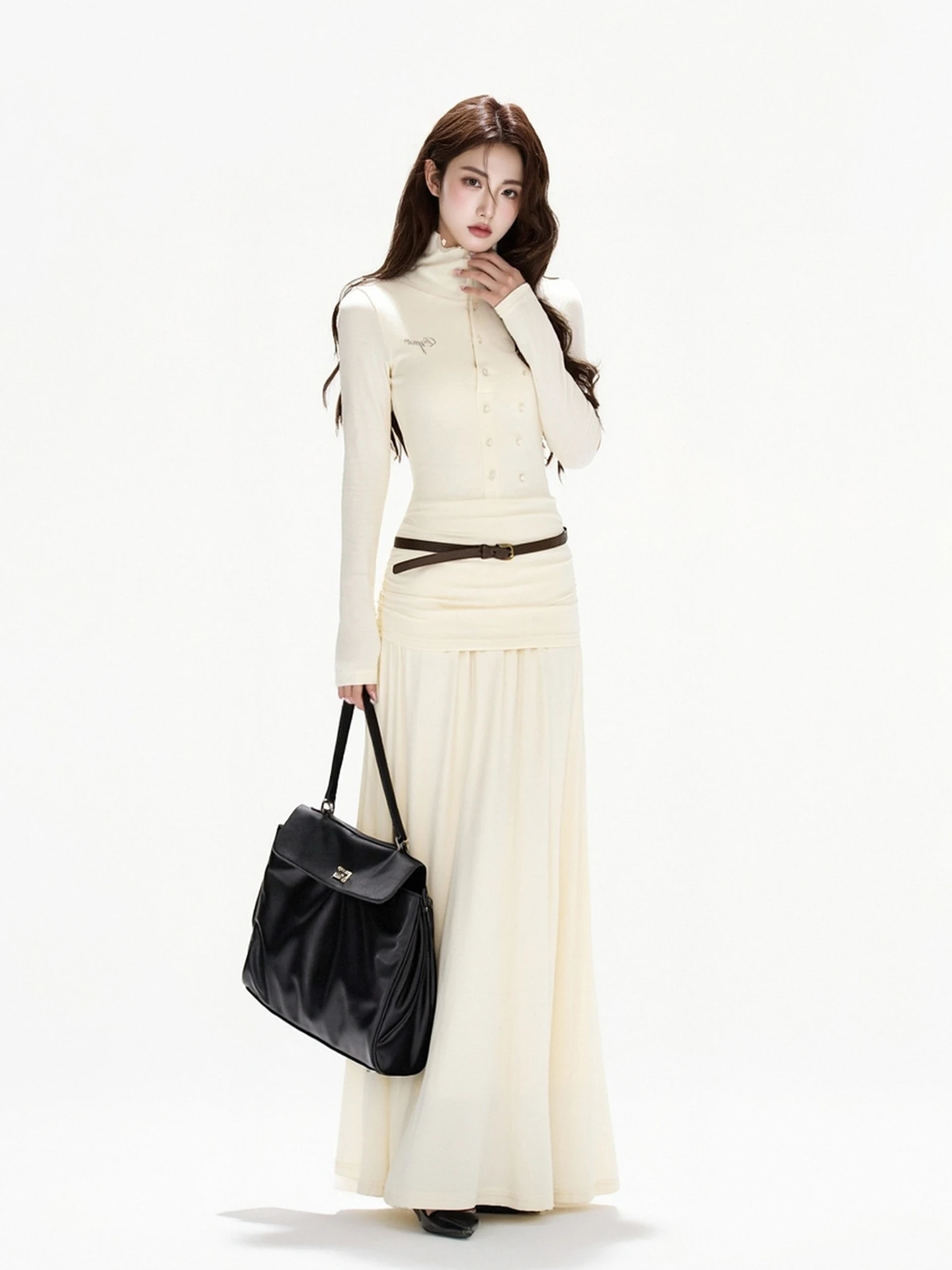 

Ele High Collar Knitted Slim Fit Long Dr Women's Winter Faion High Waist Slimming Maxi Skirt Ci Commute Sle