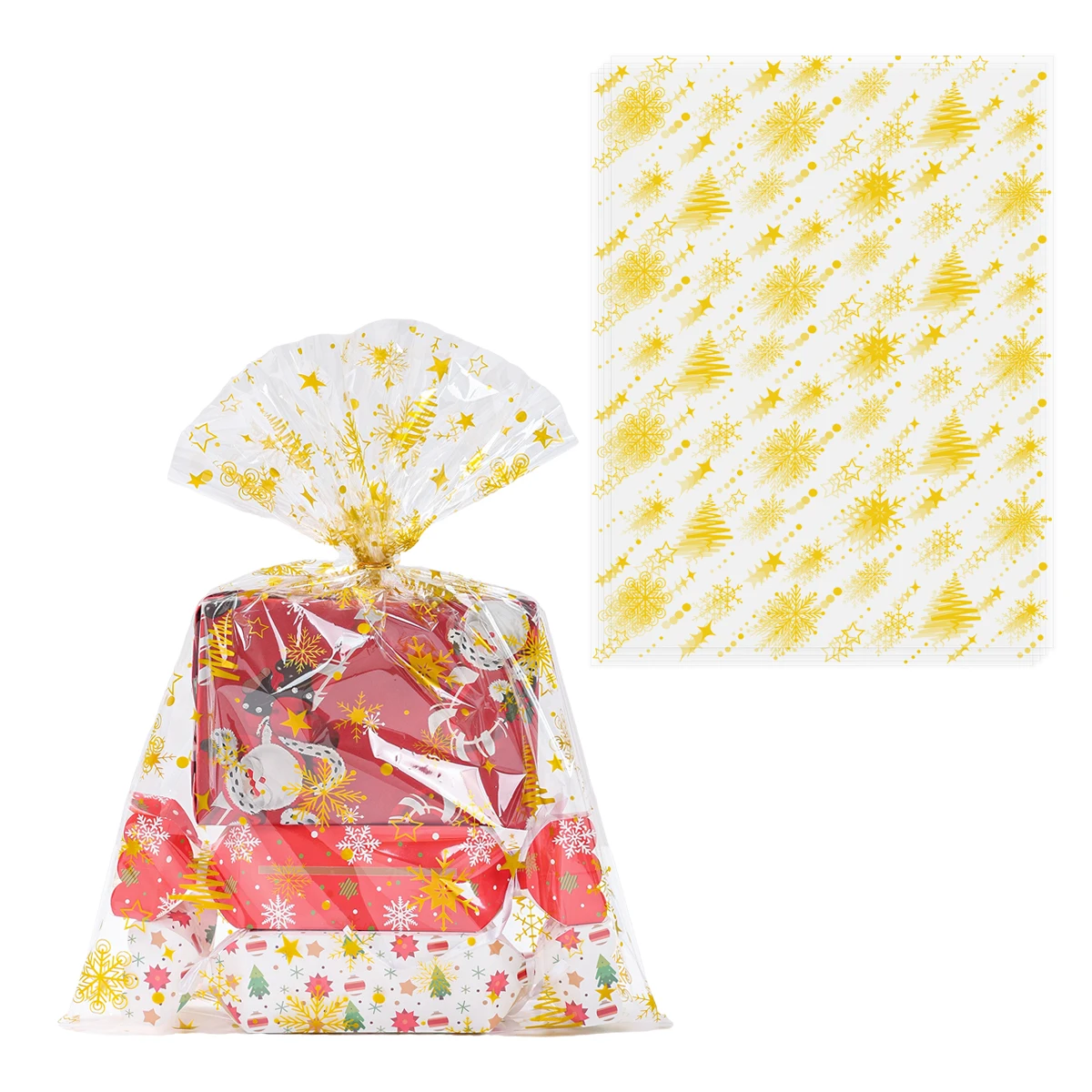 

10/30pcs Christmas Cellophane Gift Bags with Gold Twist Ties Christmas Decorations for Home 2025 New Year Gift Packaging Bags