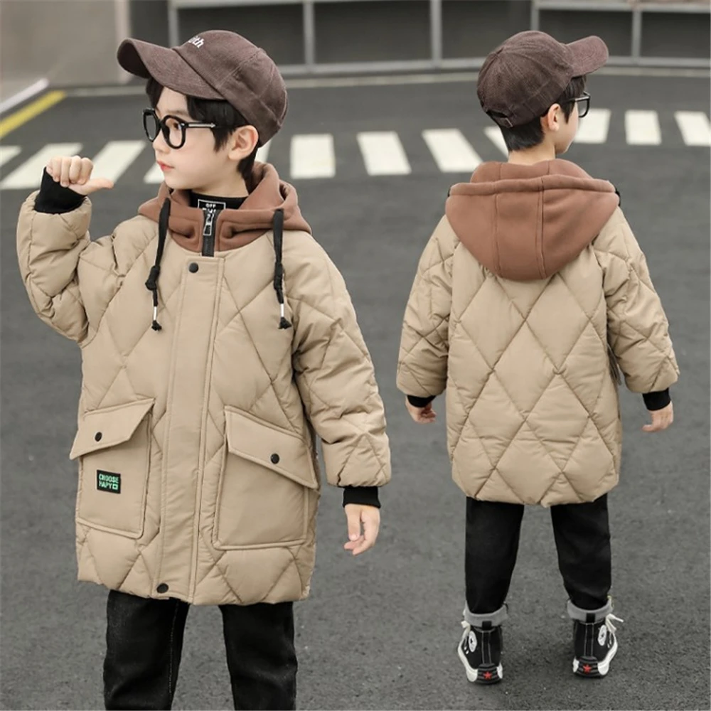 2-14y coreano moda meninos casaco de inverno crianças cáqui preto jaqueta engrossar quente para baixo jaqueta criança crianças zíper com capuz outerwear