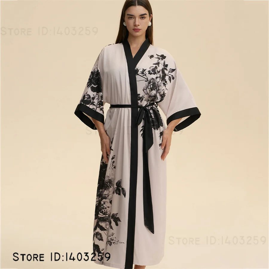 プラスサイズプリント花柄ロングバスローブ着物ガウンセクシーなウェディングローブドレスネグリジェエレガントなシルキーサテン女性のパジャマホームウェア