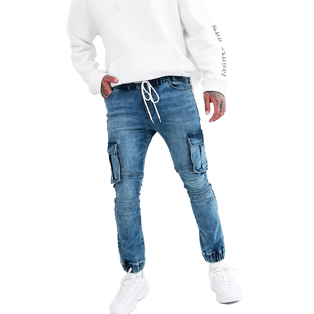 

Men Jeans Spliced Cargo Pants Denim Pockets Drawstring Ankle Length Distressed Vintage Washed Skinny Casual Pencil Slim Fit