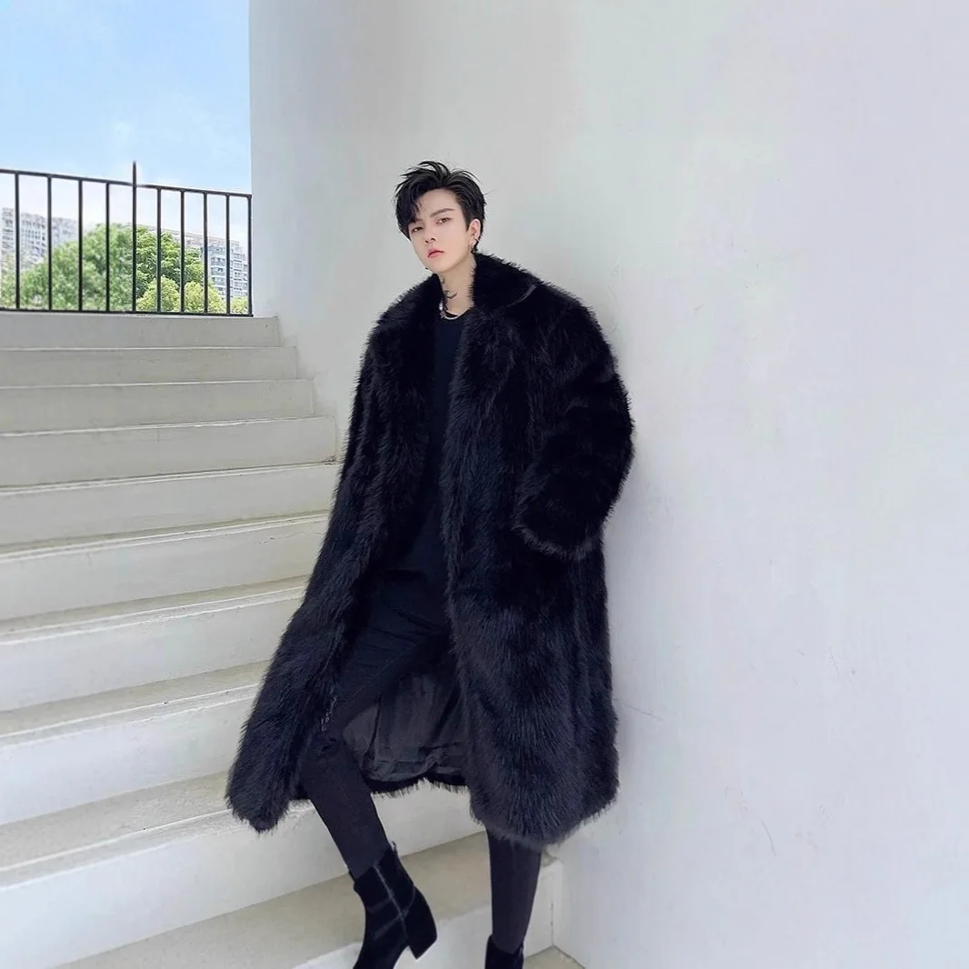 Men Faux Fur Jacket Coat Fox Fur Solid Spliced Outerwear Winter Turn Down Collar Long Sleeve 2025 Overcoat High Street Loose