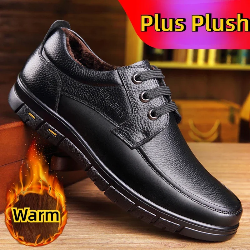 

Winter Men's Leather Shoes Plush Warm Shoes Brand Male Dress Shoes Handmade Genuine Leather Dad Loafers Waterproof Cotton Shoe