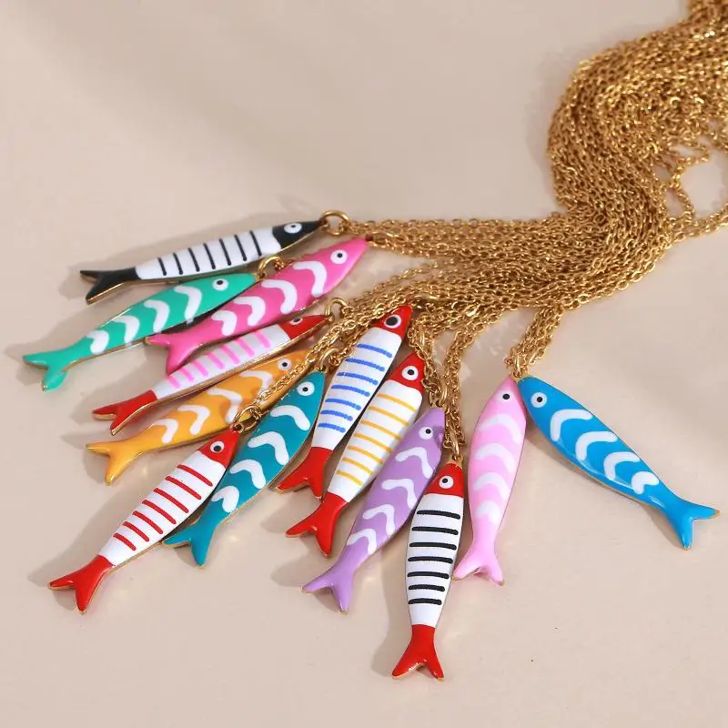 قلادة صيفية عصرية من الفولاذ المقاوم للصدأ للشاطئ مع قلادات على شكل سمكة لامعة للفتيات والنساء #2