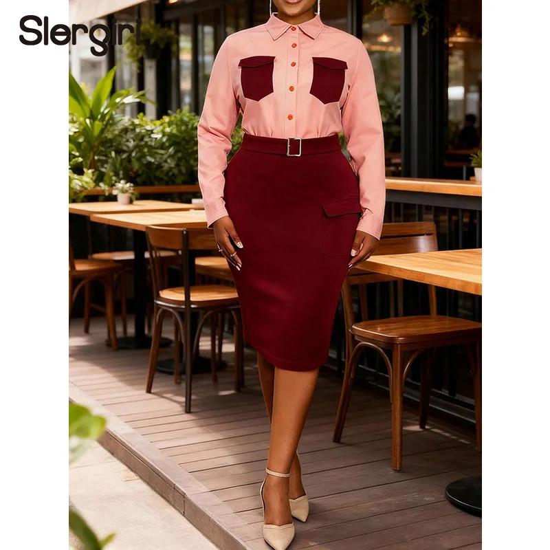

Slergiri Plus Size Two Piece Outfit Women 2026 Spring Long Sleeve Shirt + Bodycon Pencil Skirt Sets Office Ladies Workwear