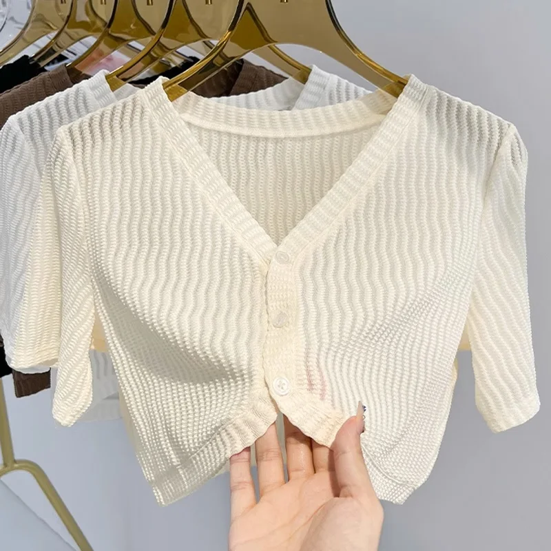 

Ice Silk Knitted Top Women's Thin Short Sleeve V-Neck Open Cardigan Summer Wear with Strap Dresses Korean Style Commute Wind