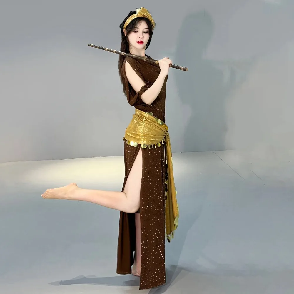 set-costume-da-danza-del-ventre-per-donne-abito-lungo-con-spacco-e-punti-glitterati-sciarpa-con-monete-dorate-fascia-per-capelli-outfit-orientale-egiziano-per-danza