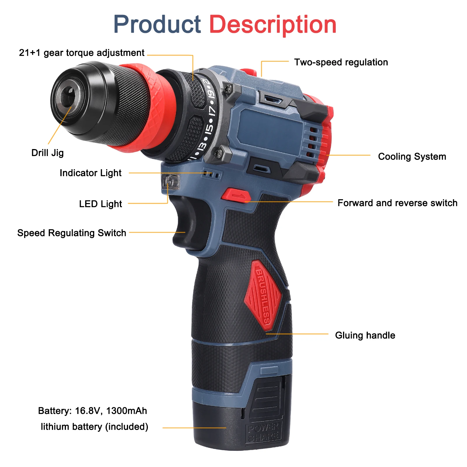 16.8V/21V 2in1 Lithium Drill Electric Screwdriver 45Nm Torque Brushless Motor Screw Driver Multi-function Power Repairing Tools