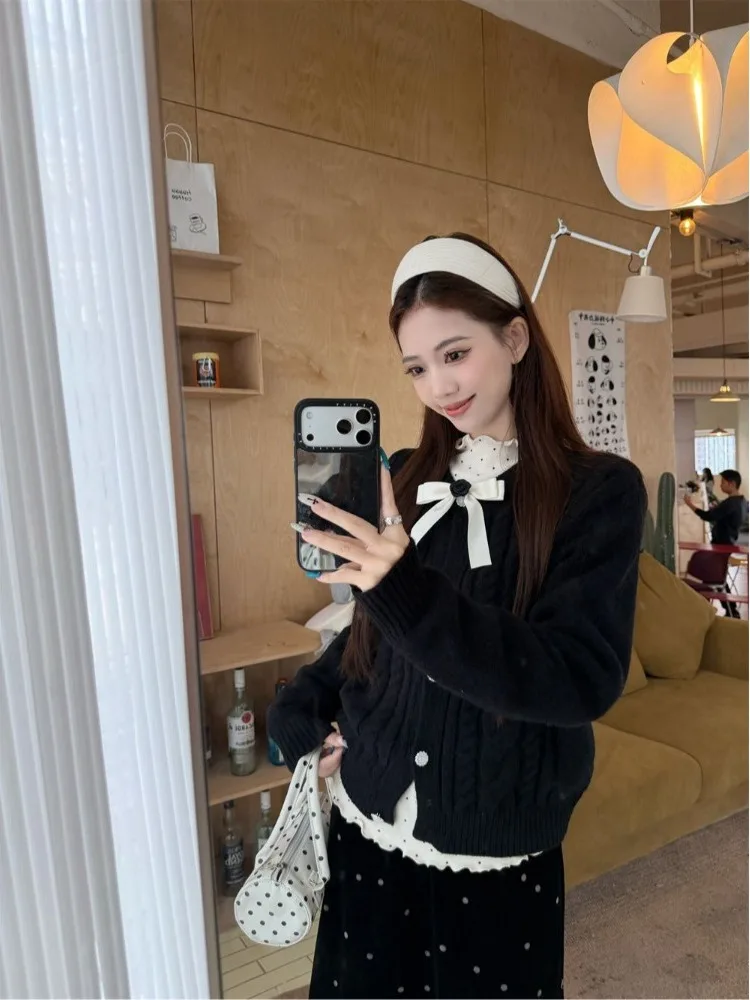 Sweet  Knot Knitted Sweater Coat Women's Autumn Winter Korean Sle Soft Medium Thin Long Sve round Ne Top