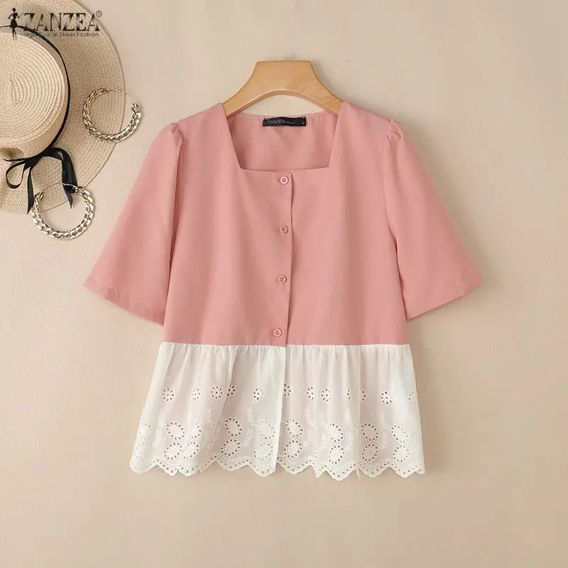 ZANZEA Lace Patchwork Women Blouses Fashion Square Collar OL Work Tops Party Summer Blouse Short Sleeve Tee Blusas Tunic S-3XL