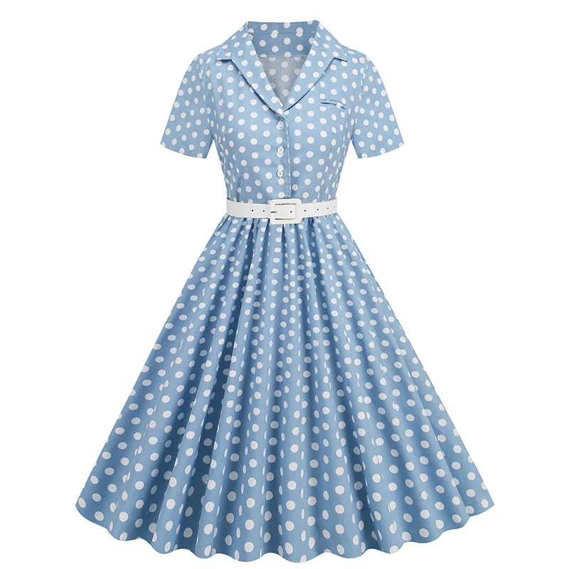 European and American Women Polka Dot Patchwork Waistband Short Sleeved Temperament Mid Length Skirt Casual Fashion Retro Dress