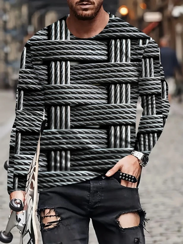 

Men's Casual Long Sleeve T-Shirt with 3D Dragon Print - Stretchy Polyester Blend, Round Neck, Machine Washable