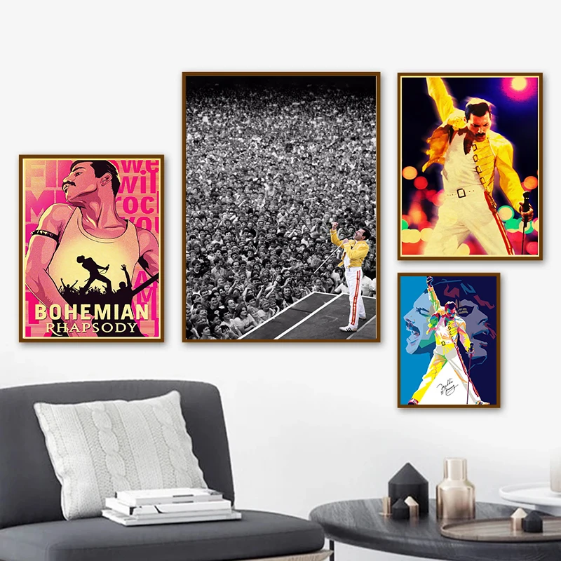 Black And White Freddie Mercury Portrait Poster Canvas Painting Bohemian Rock Music Star Queen Band Wall Art Room Home Decor